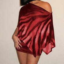女士优雅酒红色两件套，不对称领口半透明上衣搭配斑马纹半身裙，适合派对穿着，现代时尚风格 - 酒紅色 - 查看 9