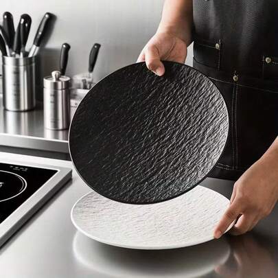 5/1pc Black/White Shallow Round Plate, 7.87 Inch Dinner Plate, Minimalist Japanese Style Small Plate, Faux Slate Textured Stone Pattern, Lightweight Reusable PP Plastic Plate, Dishwasher/Freezer/Microwave , Suitable For Desserts, Salads, Pasta, Snacks, Appetizers, Cakes, Fruits Etc. - Perfect For Parties And Weddings: Birthday Parties, Weddings, Outdoor Picnics, Valentine's Day, New Year, Mother's Day Or Any Special Occasions