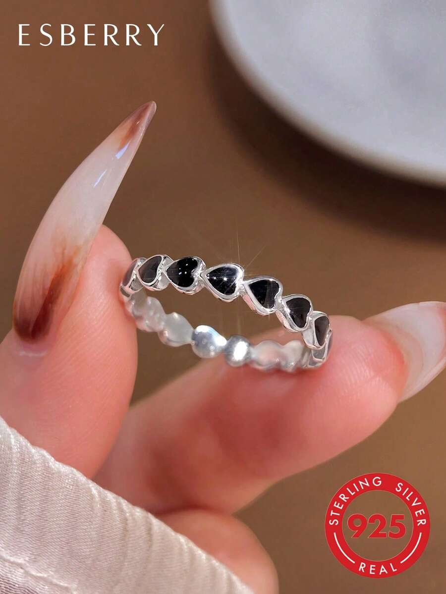 1pc S925 Sterling Silver Colorful Cute Heart Adjustable Ring, Exquisite Jewelry, Daily Wear Gift For Women/Girls - Black - View 1