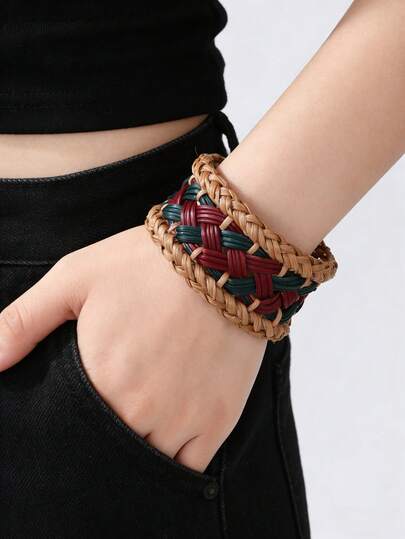 一对小众设计编织藤手镯，撞色镂空宽款可调节手镯，波西米亚风格流行女式配饰