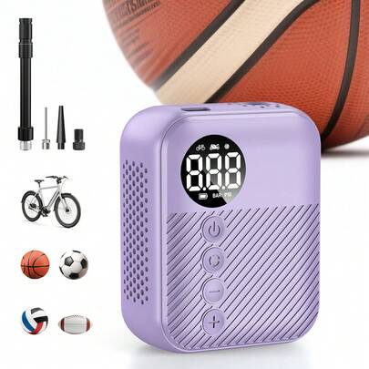 CARSUN مضخة هواء محمولة بنفسجية كارسن 150 رطل/بوصة مربعة لاسلكية رقمية لنفخ الدراجات والكرات الرياضية (كرة السلة، كرة القدم، كرة الطائرة) 4 فوهات قابلة للشحن خفيفة الوزن هدية للسيارات والرياضة