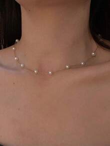1pc Elegant Luxury Minimalist Faux Pearl Necklace, Suitable For Women's Daily And Festival Wear - Pearl - View 3