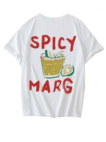 Camiseta de manga curta com estampa de bebida italiana, gola redonda, estilo casual e moderno para mulheres. Branca. - Branco - Ver 3