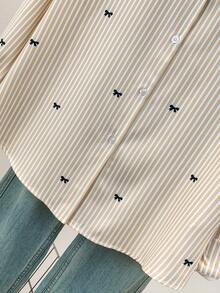 Áo sơ mi dài tay nữ in họa tiết sọc, thắt nơ, cài cúc phía trước, cổ áo sơ mi, kiểu dáng thường ngày, thích hợp cho mùa xuân, thu và đông. - Màu be - Xem 6