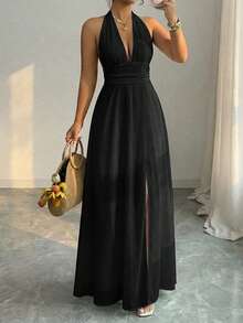 女士性感吊带深V领露背系腰高开衩连衣裙，优雅度假派对黑色夏季款 - 黑色 - 查看 6