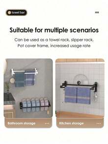 1 Stainless Steel Punch-Free Towel Rack, Suitable For Bathrooms, Hotels. Single Rod/Double Rod, High/Low Rod Optional - Black - View 6