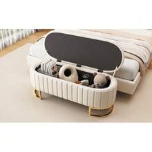 Sofa Cover And Footstool With Storage 120 X 40 Cm, Upholstered Footstool With Storage Space, Sofa Bench, Beige Velvet Fabric - 米色 - 查看 5