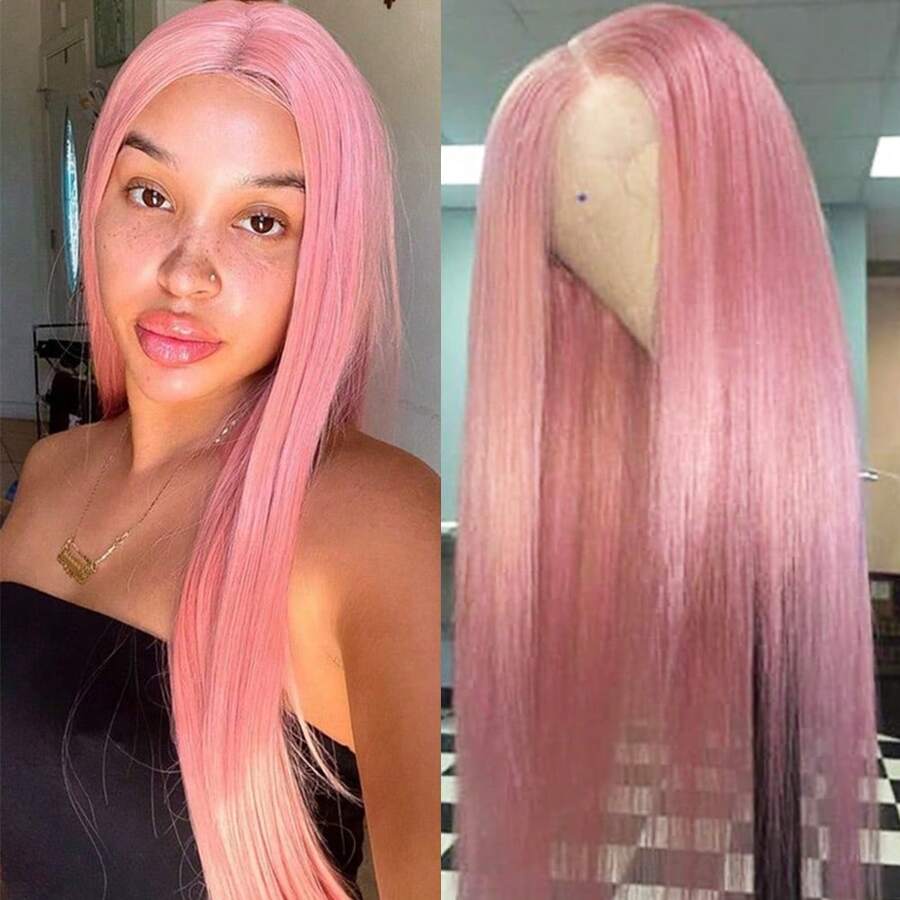 13x4 Free Part Mint Green Long Straight Lace Front Wigs Glueless Long Silky Straight Wigs Pre Plucked HD Lace 180% Density Light Green Wig Soft Free Part Wear And Go Lace Front Wigs For Fashion Women Party & Daily Wear 26 Inch - Hồng đậm - Xem 1