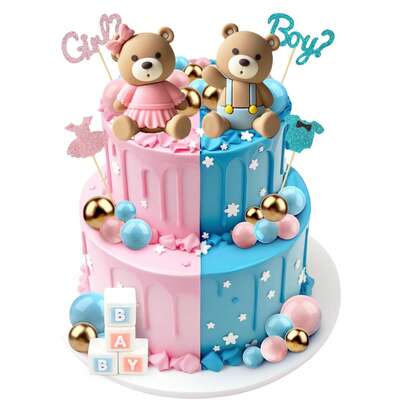1 Set Gender Reveal Cake Decorations, Including Bear Cake Topper And Pink & Blue Sphere Cake Decorations. Pink And Blue Theme Suitable For Gender Reveal Parties, Baby Showers, And Birthday Cake Decorations.