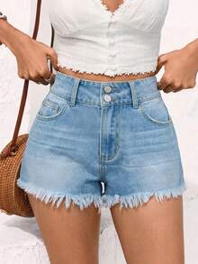 Women's Mid-Rise Distressed Denim Shorts, Double Button Design, Casual Frayed Hem Shorts For Summer - Blue - View 2