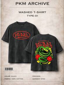 Men Black Washed Vintage Streetwear Brand 100 Percent Cotton T Shirt Snake And Flower Print With Originals Vons Dutchs Text Casual Wear For Daily Outings And Urban Style | Front And Back Print | Retro Heavyweight Tee | Perfect Gift | Loose Comfortable Breathable Fit | Machine Washable Fabric | Hip Hop Cool Look | Drippy Clothes | Y2K Fashion - 黑色 - 查看 1