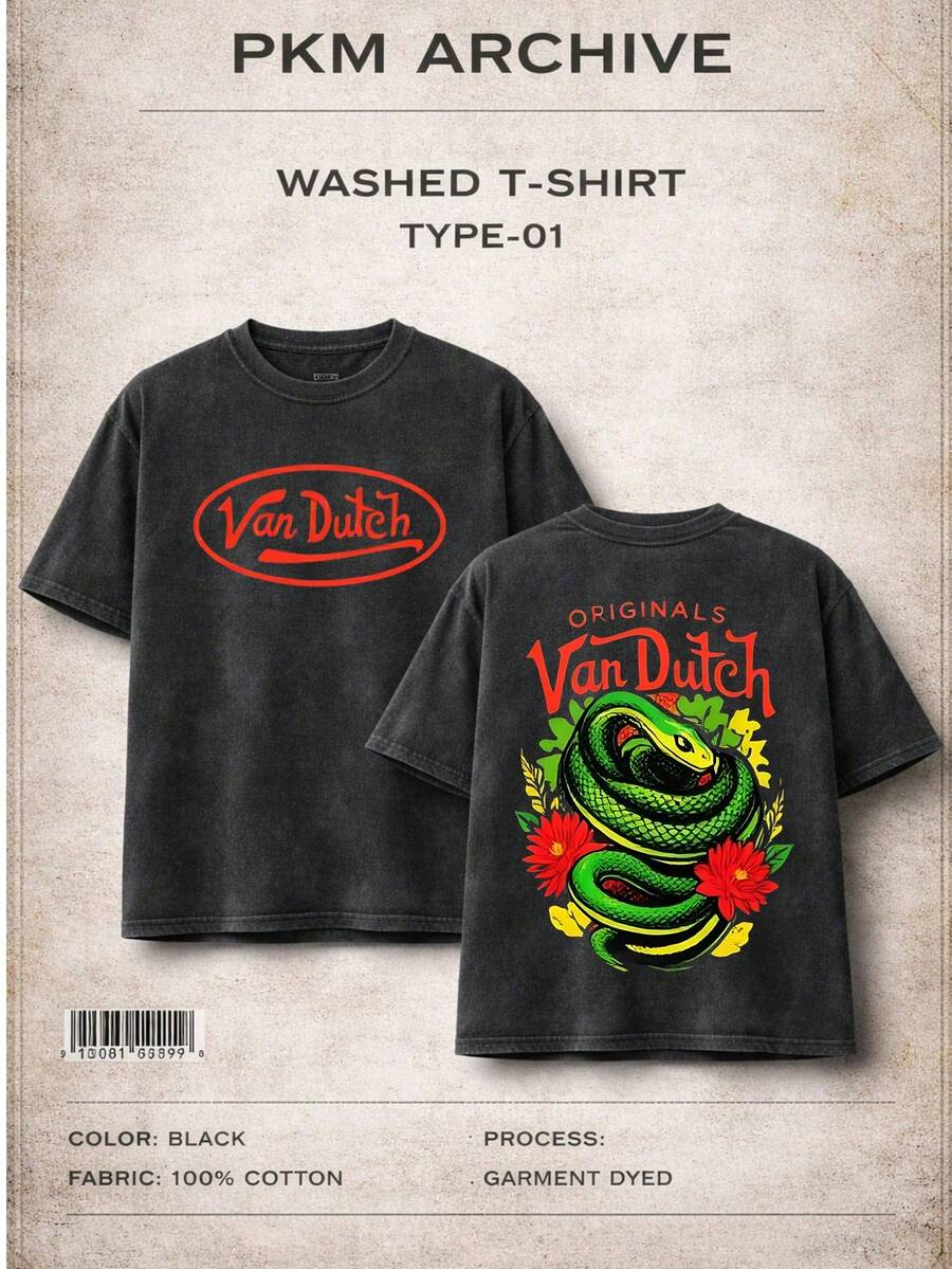 Men Black Washed Vintage Streetwear Brand 100 Percent Cotton T Shirt Snake And Flower Print With Originals Vons Dutchs Text Casual Wear For Daily Outings And Urban Style | Front And Back Print | Retro Heavyweight Tee | Perfect Gift | Loose Comfortable Breathable Fit | Machine Washable Fabric | Hip Hop Cool Look | Drippy Clothes | Y2K Fashion - 黑色 - 查看 1
