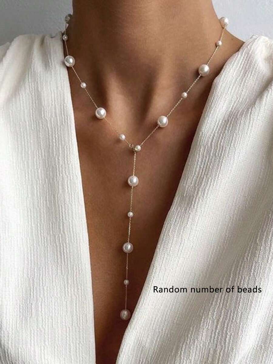 1 pieza Elegante collar en Y de perlas falsas, accesorio de fiesta y diario para mujeres, mejor regalo para mamá y amigas (cantidad de perlas al azar)