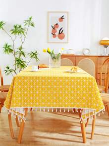 MineLain 1pc Bohemian Yellow Geometric Tablecloth, Rectangular Tablecloth With Beige Tassel Decor, Washable, Suitable For Coffee Table, Bedside Cabinet, Dining Table Decoration, Home Decor, Dining, Gathering, Party And Holiday Events, Daily Home Decor, Spring/Summer - Yellow - View 15