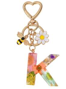 1pc Initial Letter Cute Bee & Flower Keychain, Heart Shaped Daisy Keyring Accessory, Decoration For Women Handbag Gift - Color - View 25