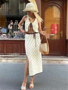 休闲镂空针织开衫无袖系带上衣搭配开衩裙套装，适合夏季海滩度假 - 杏色 - 查看 1