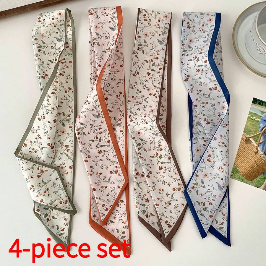 4-Piece Set Womens French Countryside Style Floral Print Long Silk Scarf For Daily Commute And Outings For Hair Styling Bag Decor And Waist Accessorizing For Casual Occasions - Bộ 4 món - Xem 1