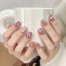 Exquisite And Fashionable New 10 Pieces Of Handmade Armor, Pink Cat's Eye Short Nail Art Patch, Gentle And Sweet Removable Fake Nail Art Piece - Z210 [果凍凝膠 + 滾輪] - 查看 5