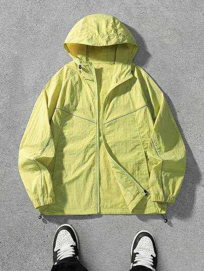 1件柠檬黄男士休闲轻便连帽夹克，透气，可机洗，适合夏季郊游、通勤、钓鱼、户外运动、徒步旅行、露营等，舒适的户外穿着。