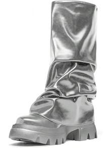 Women's Platform Round Toe Mid Calf Boots With Chunky Heel - M-銀色 - 查看 10