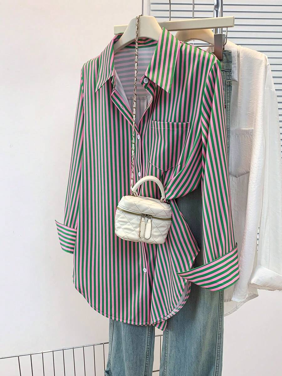 Women's Casual Basic Striped Pointed Collar Long Sleeve Shirt Blouse With Button Pockets, Suitable For Daily Office Wear, Autumn/Winter/Spring - Pink and Green Stripes - View 1