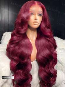 13x4 波浪卷蕾丝前假发，真人混纺发丝，预先拔毛，高清透明蕾丝前假发，带婴儿发，180% 密度，无胶巴西原生真人混纺发丝蕾丝前假发，女士款，99J 酒红色，22 英寸 - S99J/BUG - 查看 4