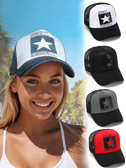 1pc Unisex Star Print Mesh Trucker Hat, Casual Breathable Baseball Cap For Summer Beach, Streetwear & Outdoor Activities