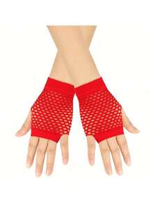 1 Pair Women's Elegant Tulle Gloves, Stretchy Breathable Soft Skin-Friendly Dressy Gloves, Versatile Fashion Outfit Accessories For Bride Wedding, Party, Club, Prom, Stage Performance & Photoshoot - Half Finger - Red - View 11