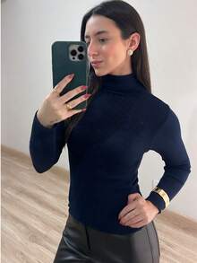 Women's Ribbed Knit Blouse, High Neck, Long Sleeve, Elegant, Simple, Knitted Polyester, Home, Beach, Daily - Navy Blue - View 3