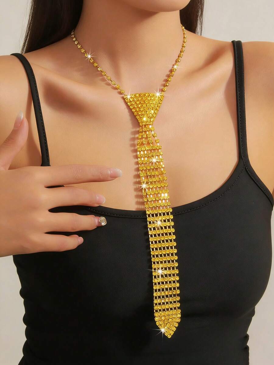 1 pieza Corbata con brillantes de rhinestone, corbata de moda para vestido de boda, vestido de novia, unisex para parejas - amarillo dorado - Ver 1