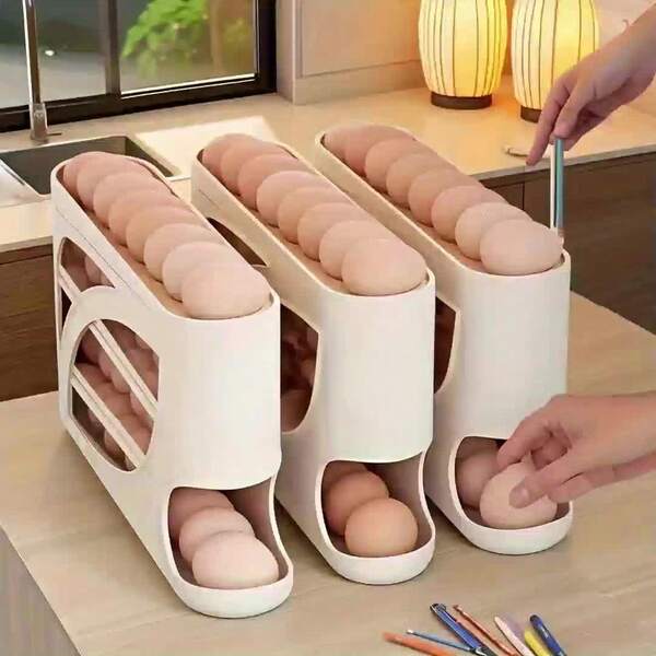 Porte-œufs à 4 niveaux - Design de porte latérale économe en espace, peut contenir 30 œufs, surface lisse et brillante, poignée pratique | Convient pour la cuisine et le stockage au réfrigérateur | Accessoire de cuisine moderne | Matériau en plastique durable