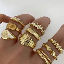 Bộ 10 chiếc nhẫn nữ hình học cách điệu theo phong cách Hip-Hop, điểm nhấn là họa tiết ngôi sao lấp lánh và hình xoắn tai lúa mì, mang đến cảm giác cao cấp. - Nhiều màu - Xem 5