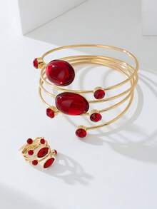 1 Set Simple Fashionable Multi-Layer Line Rhinestone Bracelet & Ring Jewelry Set, Valentine's Day Gift For Women,Mom,Mother,Mother's Day,Gift - Multicolor - View 2