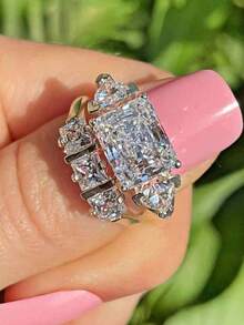 2pcs/Set Luxury White Gold Plated Women's Geometric Zirconia Elegant Fashion Wedding Rings, Valentine's Day Gift - Platinum - View 3