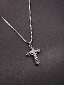 1件男士时尚水钻十字架吊坠项链，耐用不锈钢链，送给男友的时尚宣言礼物 - 彩色 - 查看 9