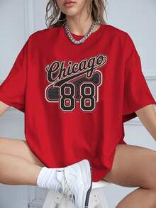 Nueva camiseta de moda para primavera y verano para chicas en talla grande - CHICAGO 88 Camiseta estampada de talla grande para mujer, top casual de manga corta y cuello redondo, adecuada para primavera y otoño, ropa de talla grande a la moda. - azul real - Ver 6