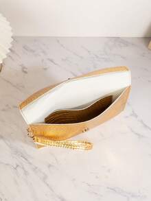 Túi cầm tay nữ họa tiết da cá sấu dập nổi màu vàng, ví đựng tiền xu, túi xách, cặp tài liệu, túi phong bì, có ngăn bên trong để đựng thẻ, chìa khóa, son môi. - Vàng - Xem 4