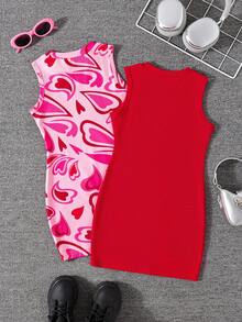 Set de 2 vestidos casuales sin mangas con estampado de corazón y costillas para niñas, para uso al aire libre - Rojo - Ver 3