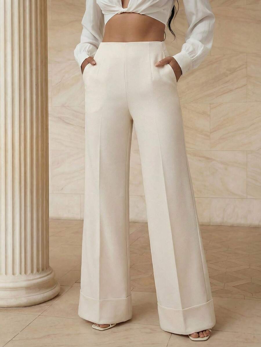 Playroots 女士优雅阔腿裤，时尚宽松版型长裤，适合春季穿搭、情人节、商务休闲场合 - 米色 - 查看 1