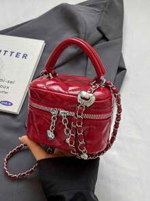 New Fashion Classic Multifunctional Waterproof PU Material, Diamond Quilted Pattern Handbag, Lightweight And Easy To Carry, Zipper Closure Design, Heart-Shaped Zipper Decor Crossbody Round Box Bag, Coin Purse, Suitable For Shopping, Travel, Commuting - 紅色 - 查看 2