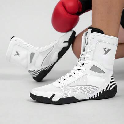 Zapatillas deportivas de boxeo de caña alta para hombres, antideslizantes, con suela de goma, zapatos de lucha transpirables para entrenamiento de boxeo en interiores