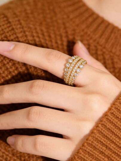 1pc 24K Gold Plated Copper Diamond Ring, Influencer Same Style Full Diamond Ring, Gold/Silver Color Options, Suitable For Gift Or Personal Wear