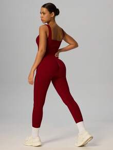 Yefecy Women's Minimalist Solid Color Sleeveless Jumpsuit, Suitable For Daily Fitness Wear Sports - Burgundy - View 3
