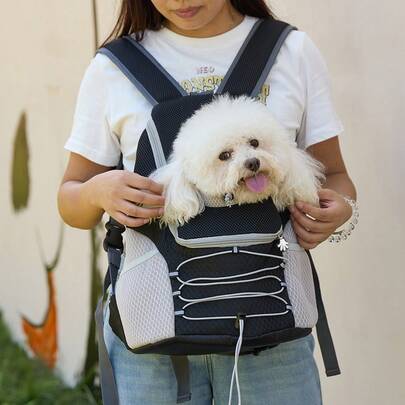 1 pieza Mochila transpirable de malla y sándwich para mascotas, bolsa de transporte de mascotas de moda y reforzada