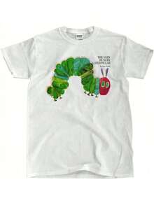 2026 Men's Casual Cotton T-Shirt, Printed With Eric Carle's 'The Very Hungry For ' Design - White, Round Neck, Short Sleeves, Soft And Comfortable, Suitable For All Seasons Summer Outfit For Men. - trắng - Xem 6