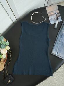 夏季优雅女士针织背心，青春性感圆领无袖纽扣前开衩下摆藏蓝色纹理罗纹2026轻盈成熟风格度假海滩音乐节派对装扮女装嘉年华婚礼季简约设计上衣 - 深藍色 - 查看 7