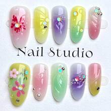 30Pcs Colorful Flower Press On Nails Medium Almond Nails With Rhinestones Design 3D Carved Floral Flash Pearl False Nails French Nail Tips Ins Blush Gradient Full Cover Artificial Nails Women - Hoa nhiều màu sắc kiểu ngọc trai 3 - Xem 3