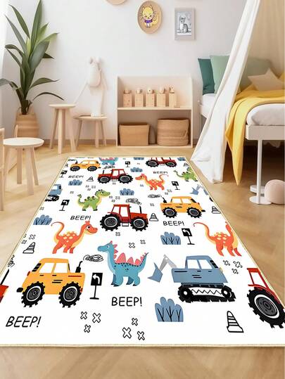 1PC Construction Truck Dinosaur Kids Area Rug, Cartoon Vehicle Print Soft Floor Mat For Boys Bedroom & Playroom Decor 120x180cm
