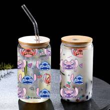 Disney 1个玻璃杯，印有可爱的史迪奇和天使图案，防漏设计，带吸管，容量480毫升，盒装，带有防伪码 - 史迪奇和安琪 - 查看 9