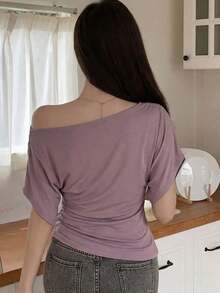 Áo kiểu nữ Y6Y màu tím trơn, dáng rộng, bất đối xứng, thích hợp mặc mùa hè. - Màu tím - Xem 2